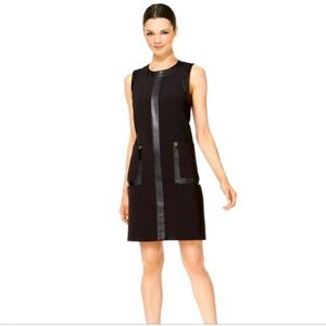 Calvin Klein Chic Black Sleeveless Dress with Leather Accents